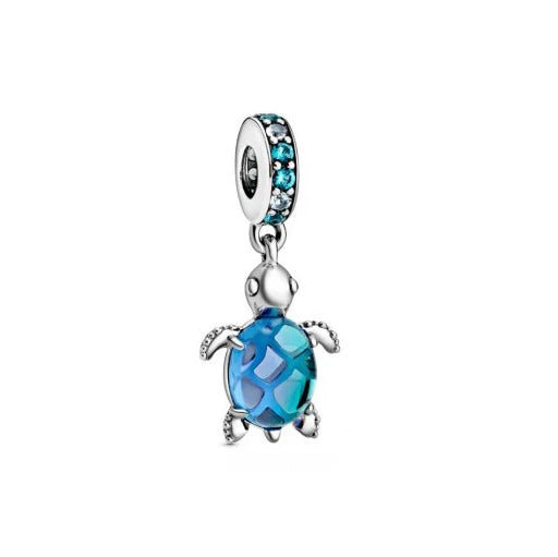 925 Silver Plated Murano Glass Sea Turtle Dangle Charm - Colorful Pink & Blue Jewelry for Women's Bracelet