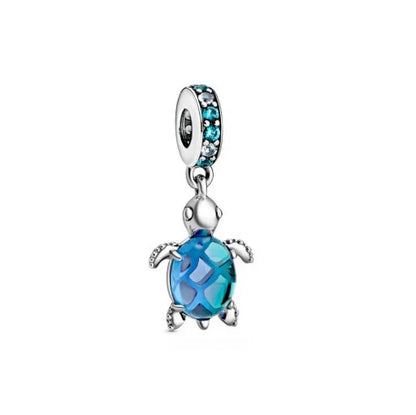 925 Silver Plated Murano Glass Sea Turtle Dangle Charm - Colorful Pink & Blue Jewelry for Women's Bracelet