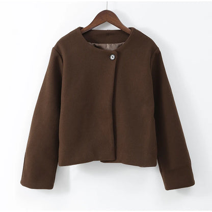 2024 Women's Elegant Solid Wool Blend Cardigan Coat – Round Neck, Single Button, Long Sleeve High Street Outwear