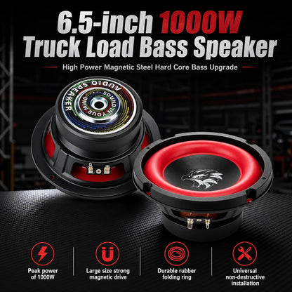 6.5 Inch Car Speakers 1000W High Power - HiFi Subwoofer High Sensitivity Mid Bass Stereo Audio for Car, RV & Motorhome