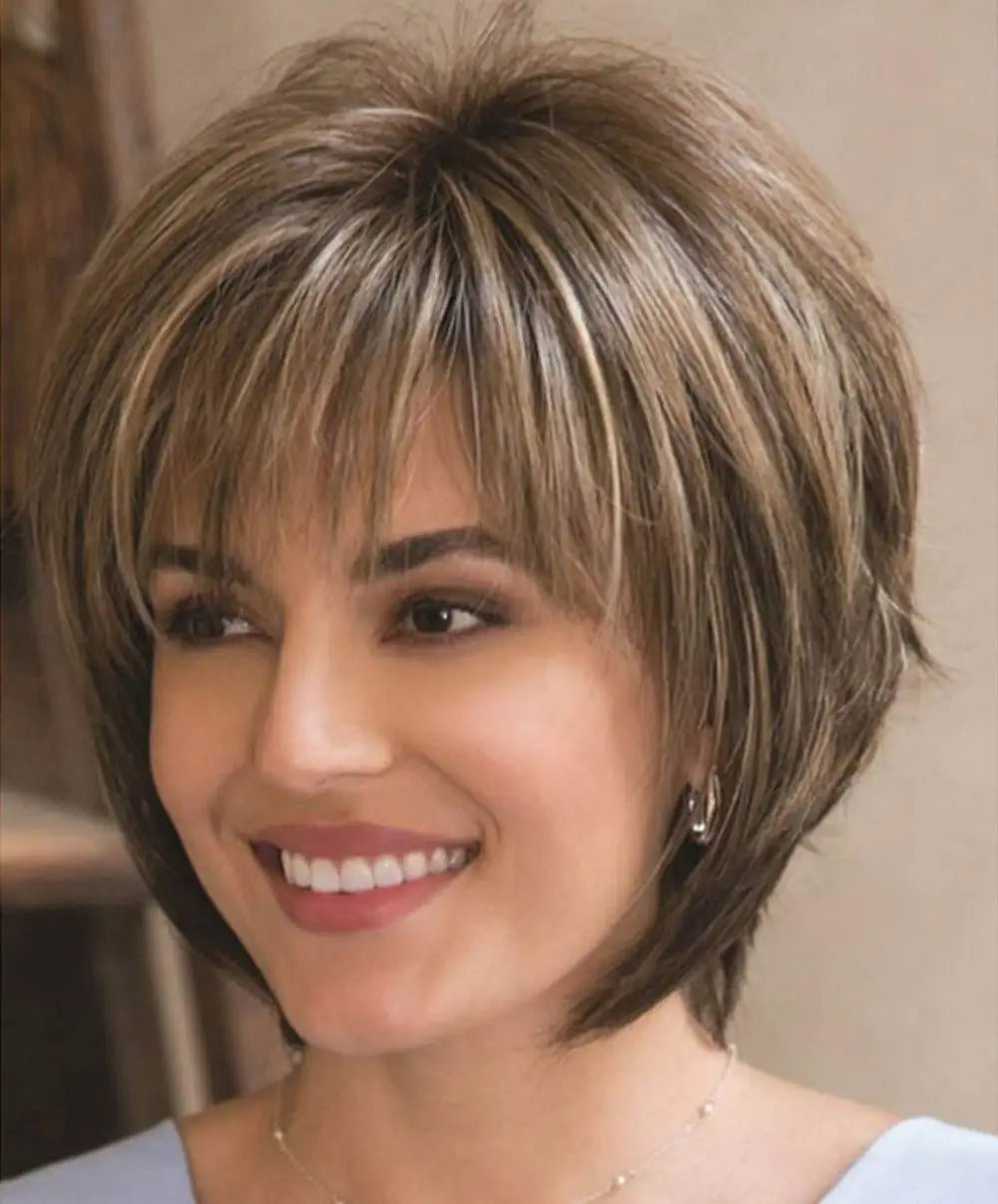 Brown Short Layered Pixie Cut with Blonde Highlights – Natural-Looking Synthetic Wig for White Women