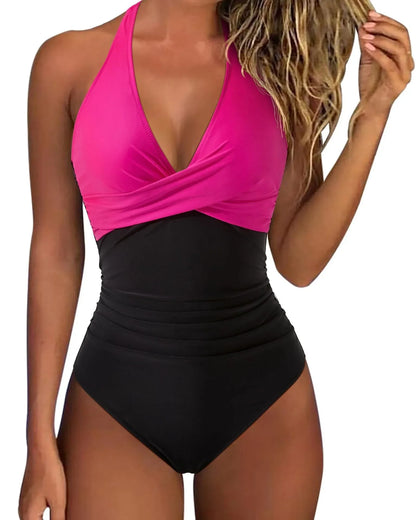 Women’s Wrinkled Halter V-Neck One-Piece Swimsuit – Backless Monokini Bathing Suit, Swim Beachwear Bodysuit S-XXL
