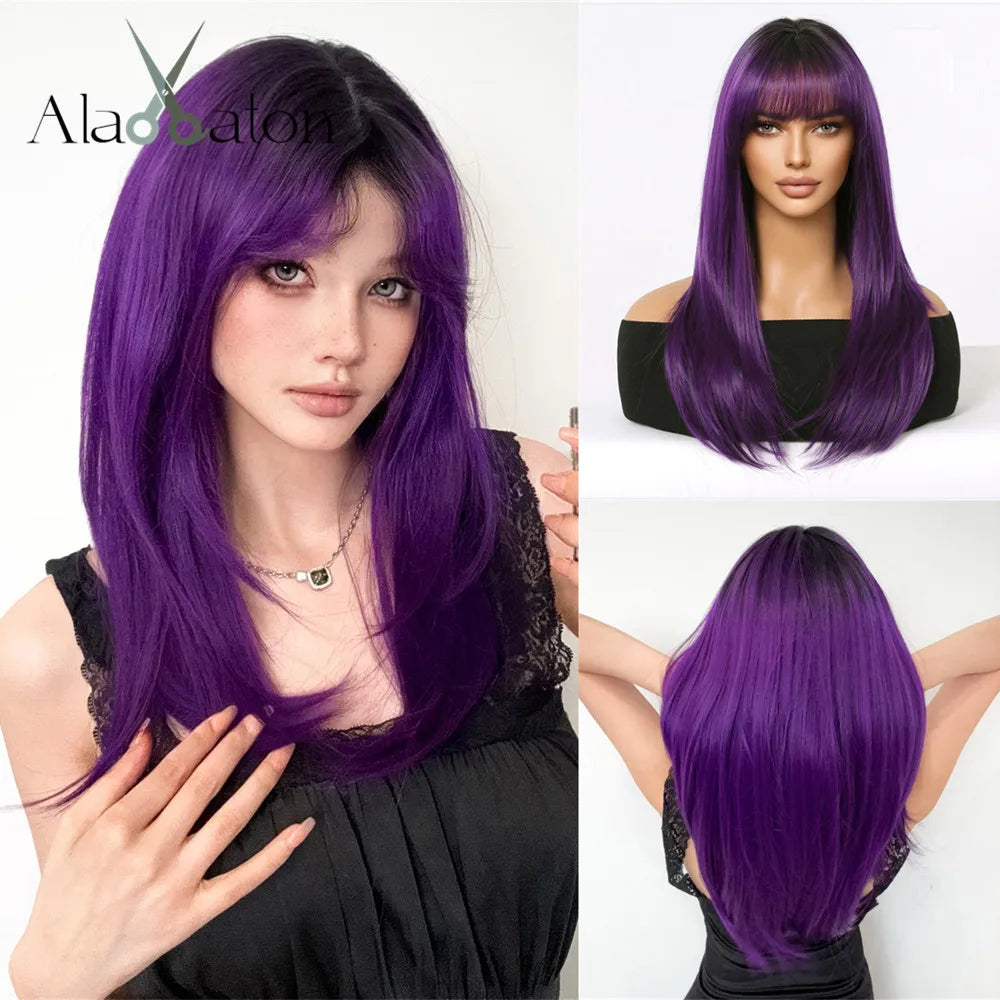 ALAN EATON Blonde Layered Synthetic Wig with Bangs – Long Straight Heat-Resistant Wig for Women & Girls, Natural Daily Hair
