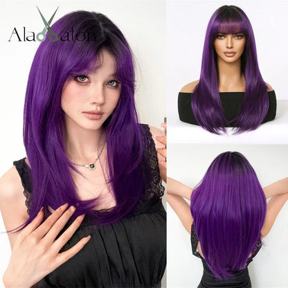 ALAN EATON Blonde Layered Synthetic Wig with Bangs – Long Straight Heat-Resistant Wig for Women & Girls, Natural Daily Hair