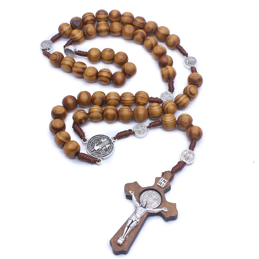 Wooden Antique Cross Rosary Necklace – Saint Benedict Jesus Beaded Handmade Pendant Jewelry for Men & Women Religious Gift Accessories