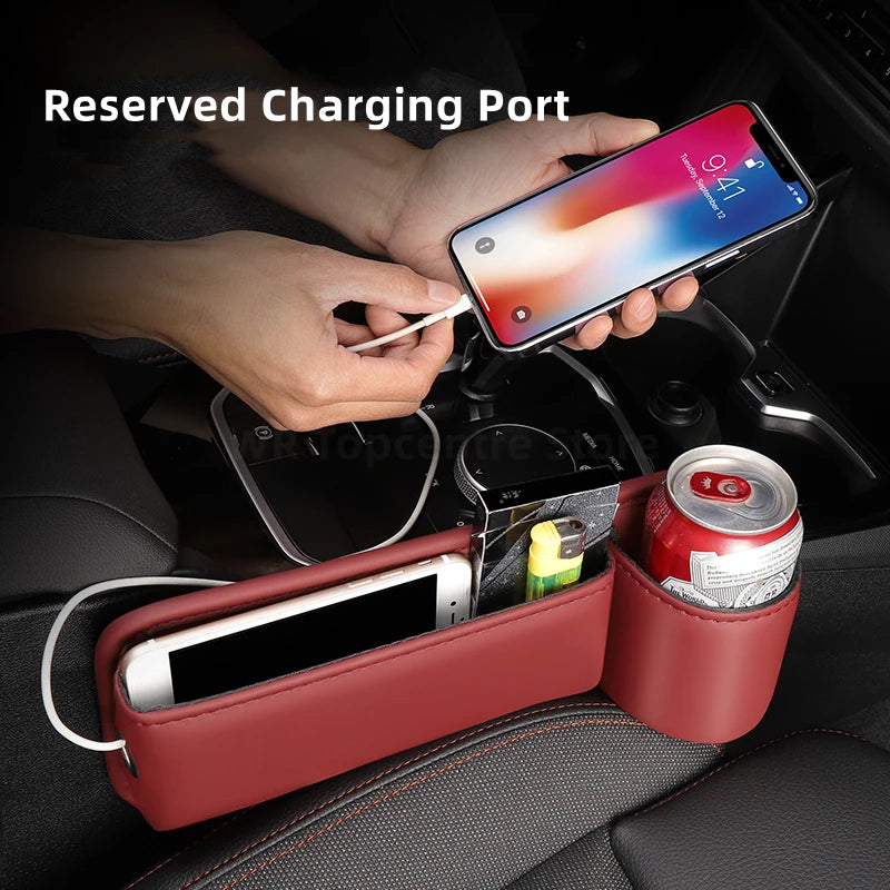 Leather Car Seat Gap Organizer – Multifunction Console Crevice Filler, Side Storage Box with Cup Holder, Car Interior Storage Pocket