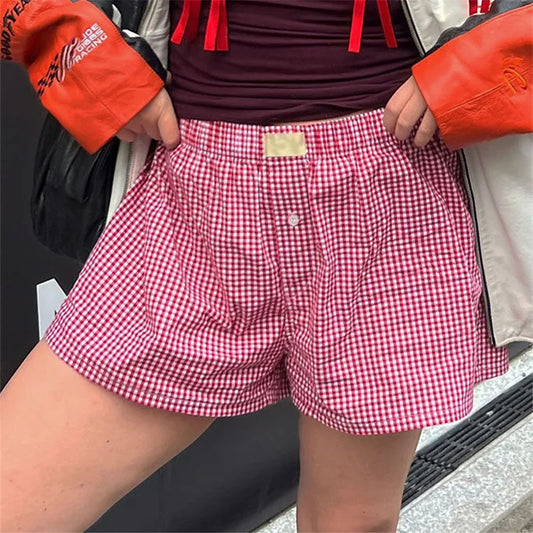 Cozy Up in Style: Women's Y2K Plaid Pajamas Shorts - Cute Flannel Lounge Sleep Shorts with Elastic Waist, Baggy Boxers Tracksuit Bottoms