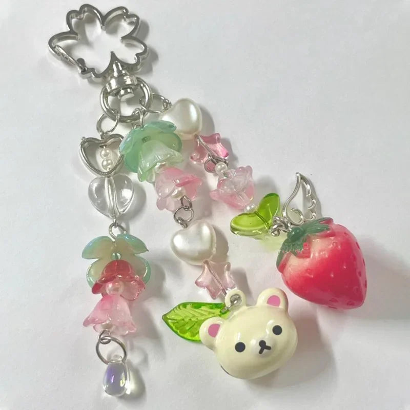 Cute Bear Strawberry Beaded Phone Charm - Y2K Coquette Keychain & Handbag Pendant Accessory Gift