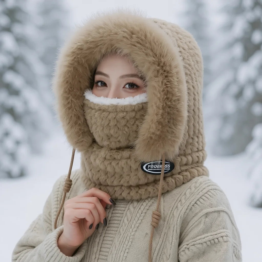 Women’s Winter Plush Hat with Hood & Scarf – Warm Thick Windproof Thermal Cap with Ear Protection for Outdoor Cycling & Riding