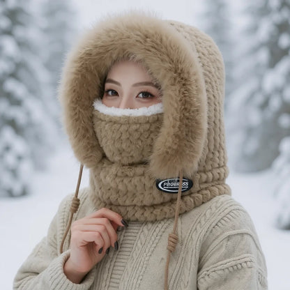 Women’s Winter Plush Hat with Hood & Scarf – Warm Thick Windproof Thermal Cap with Ear Protection for Outdoor Cycling & Riding
