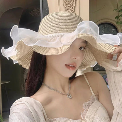 Funny Women’s Lace Straw Hat – Wide Brim Floppy Beach Sun Hat with Solid Fringe, Summer Outdoor Cap