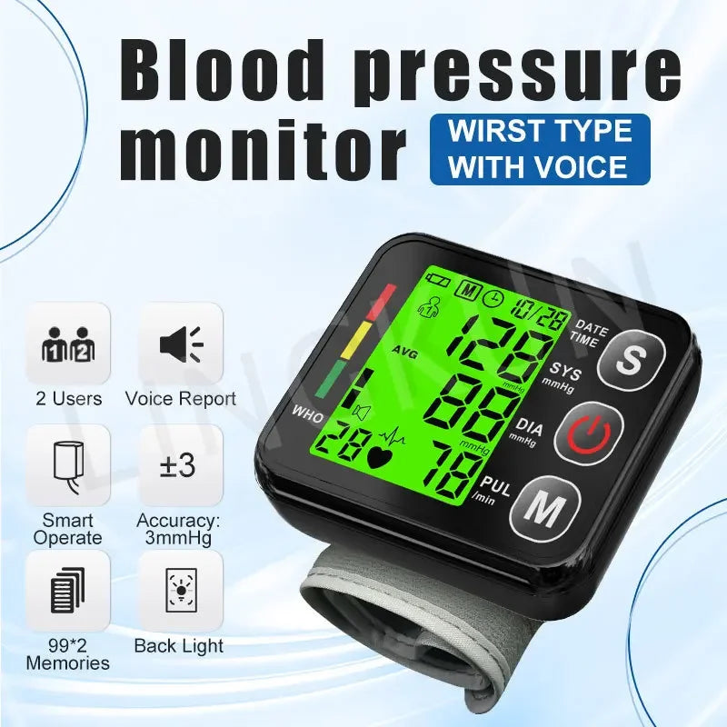 English Voice Digital Wrist Blood Pressure Monitor – High-Accuracy Electronic Sphygmomanometer Tonometer