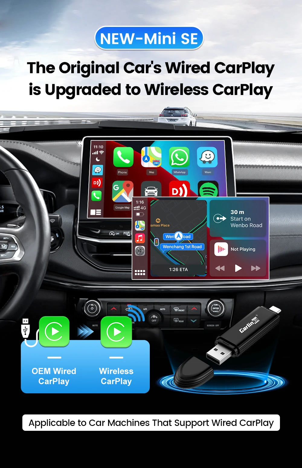 CarlinKit Mini 5 SE Wireless CarPlay Adapter – Fast 5.8GHz WiFi & Bluetooth for iPhone, Spotify, Waze, Split Screen