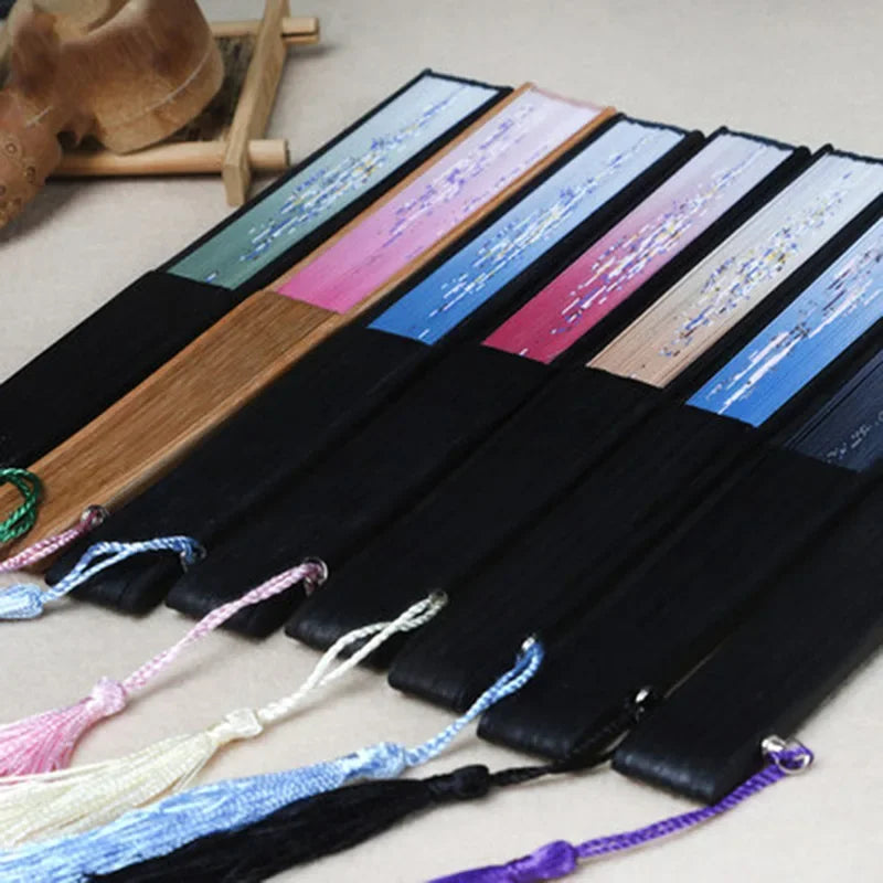 Chinese Japanese Silk Folding Fan with Wooden Shank - High-Quality Tassel Elegance for Home Decoration and Classical Dance