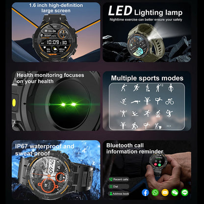 Military Smartwatch for Men – 360x360 HD Screen, Flashlight, Heart Rate, Health Monitor, Waterproof, BT Call for Android & iOS