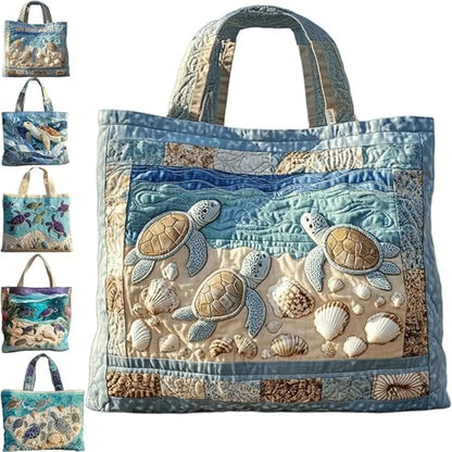 Turtle Print Quilted Tote Bag - Large Capacity Soft Canvas Shoulder Bag with 3D Ocean Turtle Design