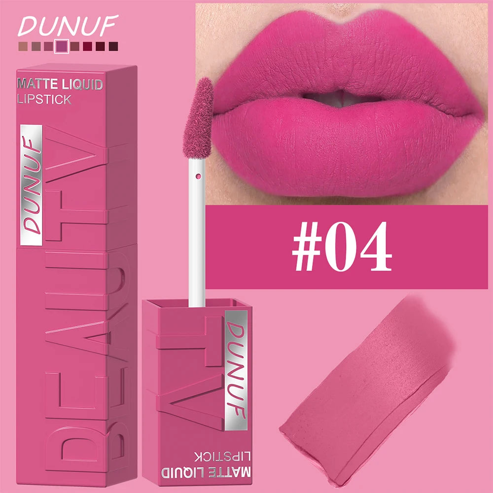 DUNUF Matte Velvet Lipstick - 8 Color Waterproof Plumping Square Tube Lip Gloss Makeup