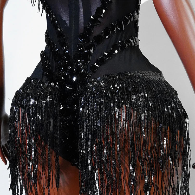 Sexy Shiny Silver Sequin & Black Spandex Jumpsuit — 2025 Women’s Prom, Dancer & Stage Performance Costume