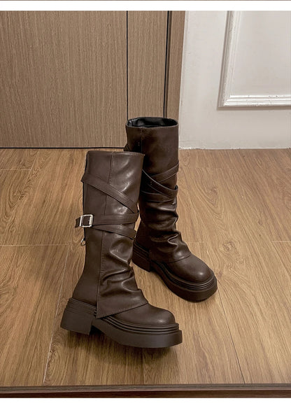 Vintage Thick Heel Women’s Knee-High Boots – Slip-On Fashion Booties for Autumn & Winter