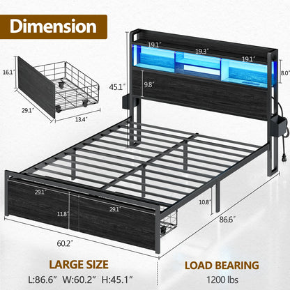 Full/Queen Bed Frame with Storage Headboard – Metal Platform Bed with Drawers, LED Lights & Built-In Charging Station