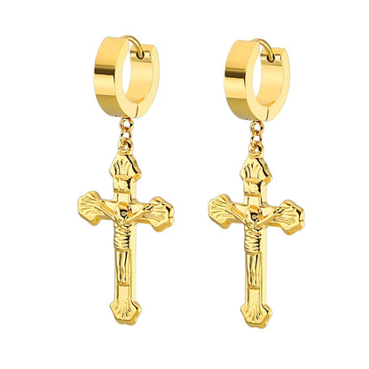 Gold Cross Huggie Hoop Earrings - Minimalist Dangle Charm Jewelry for Men & Women