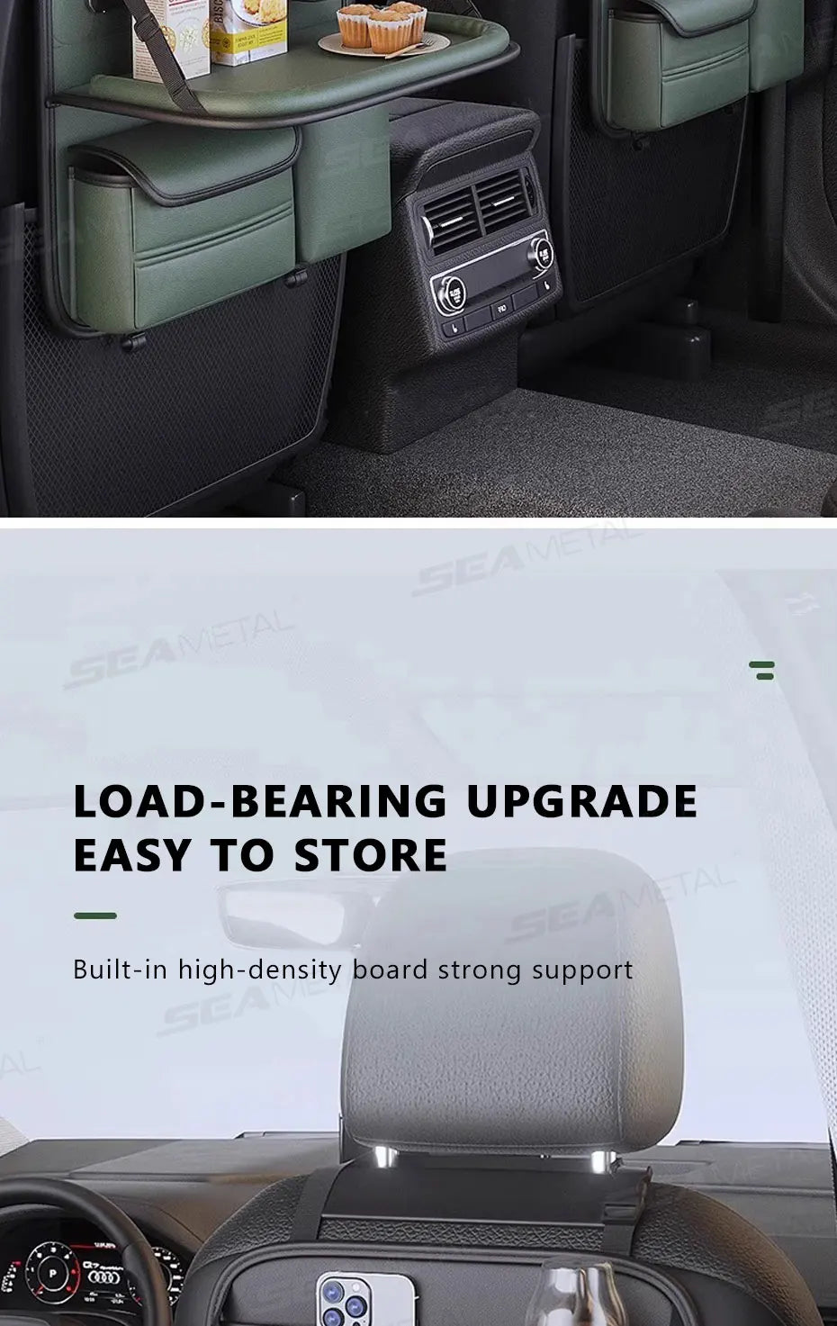 SEAMETAL 8 in 1 Car Seat Back Storage Bag – Foldable Tray, Waterproof & Wear-Resistant Organizer with Tissue & Cup Holder