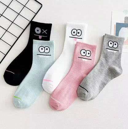 5 Pairs Happy Face Crew Socks – Cartoon Cat Cotton Mid Tube Socks, Breathable Women's Stockings & Hosiery