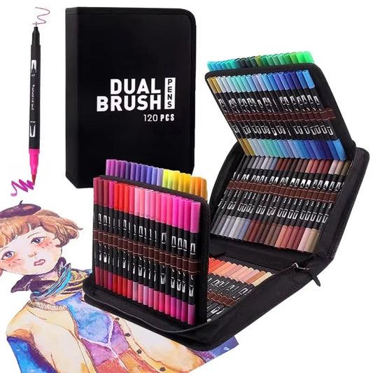 48/60/72/100/120 Colors Dual Tip Brush Marker Pens — Watercolor, Fine Liner & Manga Art Supplies for Drawing