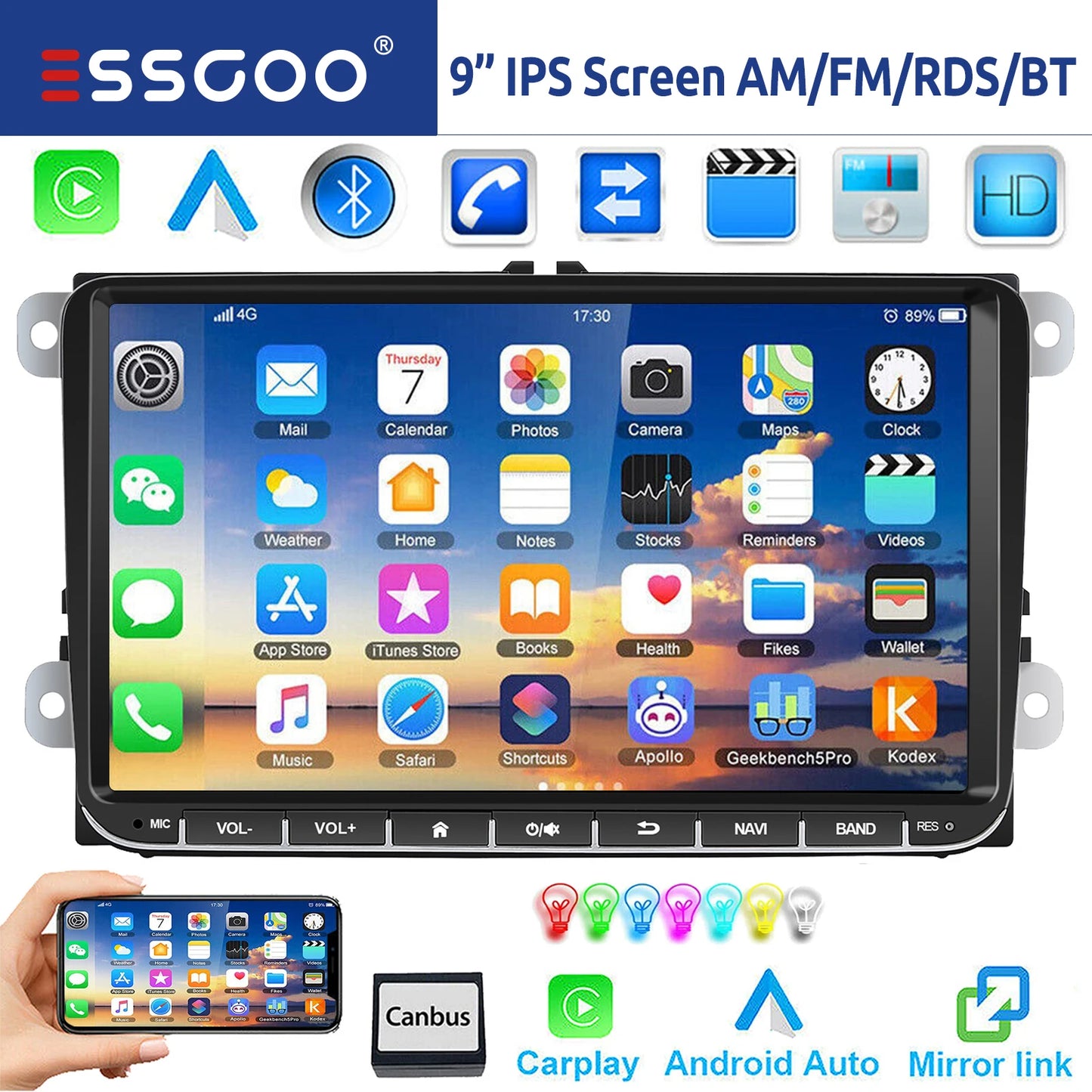 9" Android 15 Car Stereo - 6GB+128GB Wireless CarPlay GPS WiFi Bluetooth FM for VW