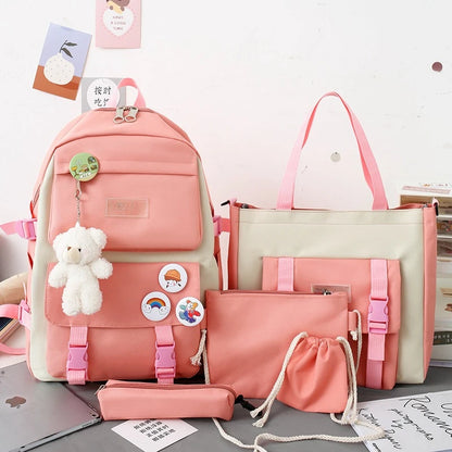 5-Piece School Bag Set – Canvas Backpacks for Teenage Girls & Women, Solid Color Student Schoolbags