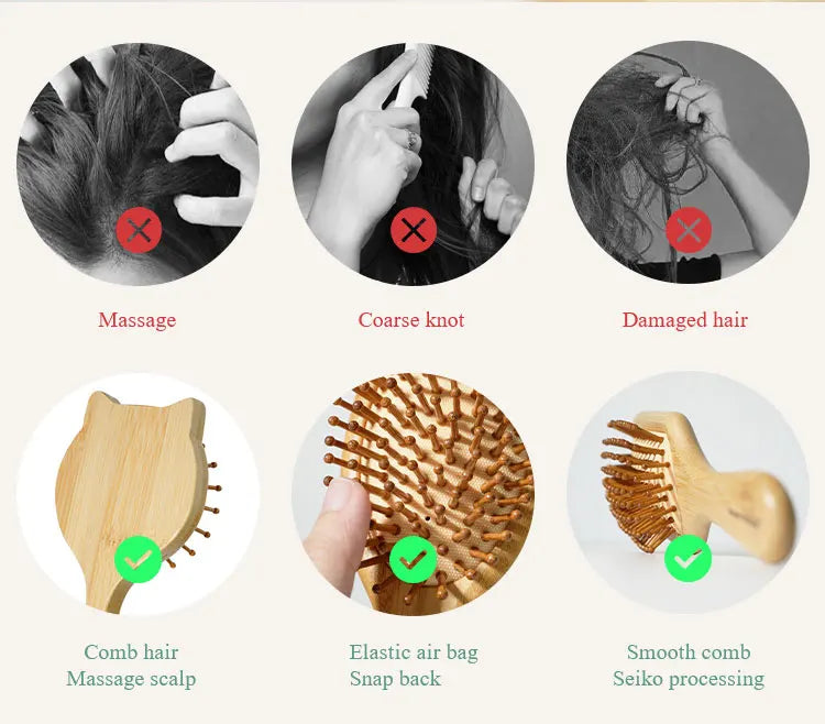 Bamboo Hair Brush with Wide Teeth & Air Bag - Smooth Scalp Massage Comb for Women Hairdressing Styling Tools
