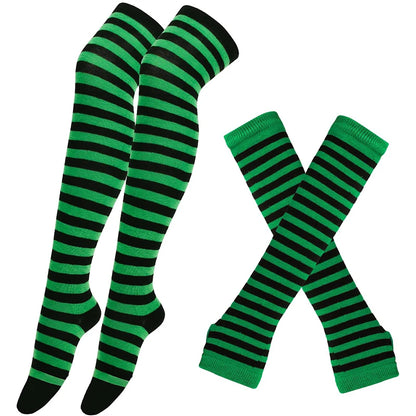 Women’s Over-Knee Long Stripe Socks & Arm Sleeve Gloves – Cute Plus Size Thigh High Cotton Socks