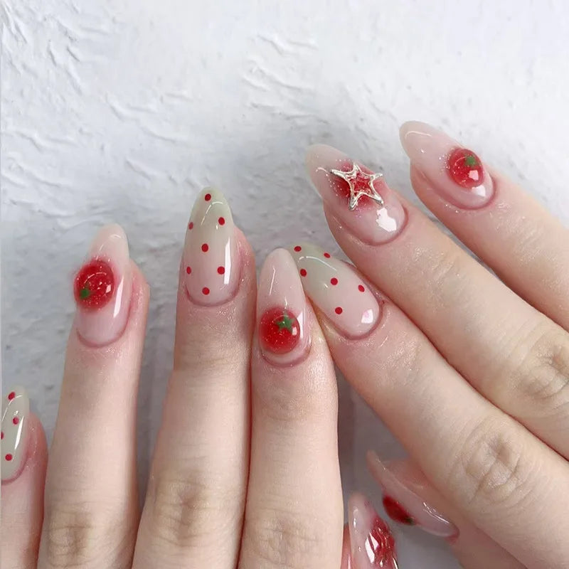 24PCS Strawberry Bow Press On Nails - Red Short Almond Pearl Starlight Floral False Nail Art Tips
