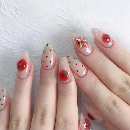 24PCS Strawberry Bow Press On Nails - Red Short Almond Pearl Starlight Floral False Nail Art Tips