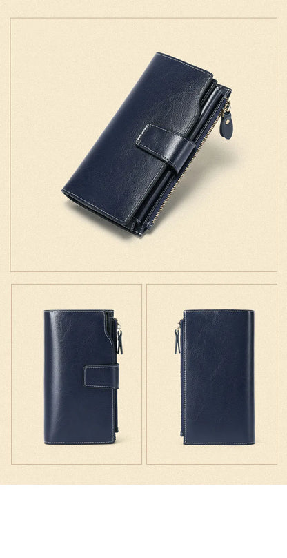 2024 New RFID Long Women’s Wallet — Genuine Leather Clutch with Zipper Coin Pocket, Card Holder & Printed Design