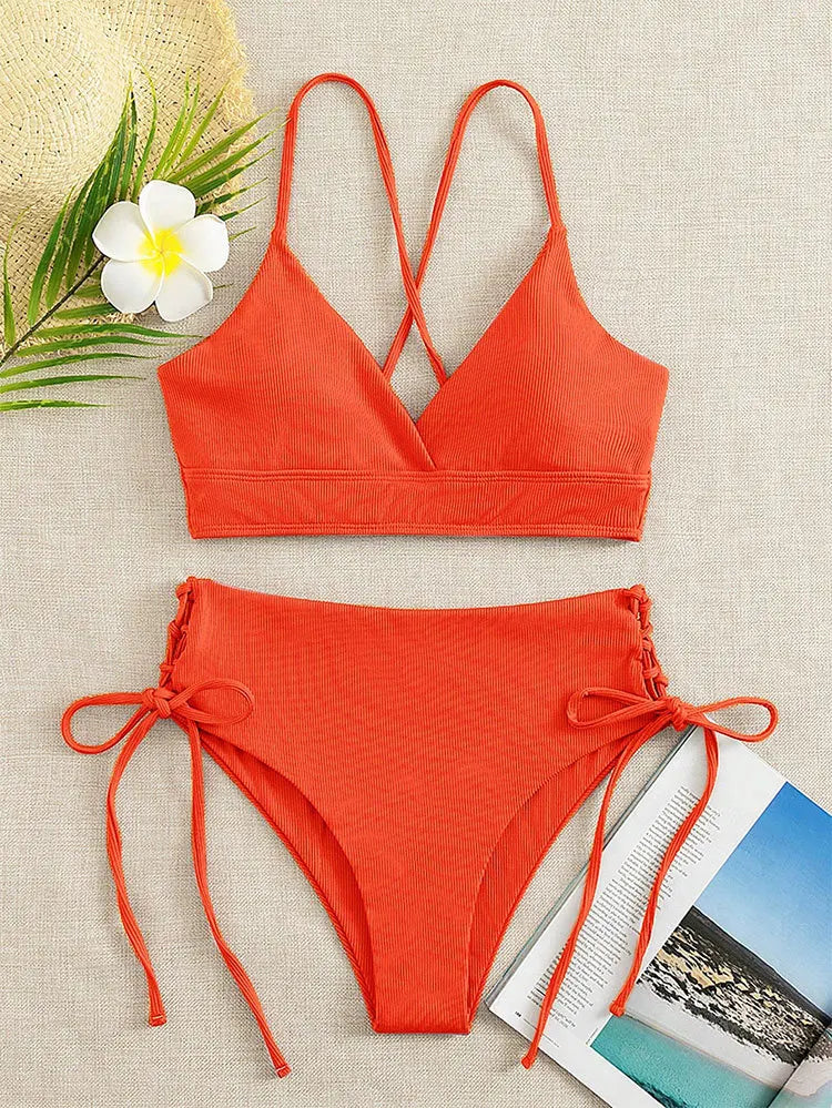 Cikini V-Neck Split Bikini Set – Sexy Lace-Up Triangular Solid Color Swimwear for Women