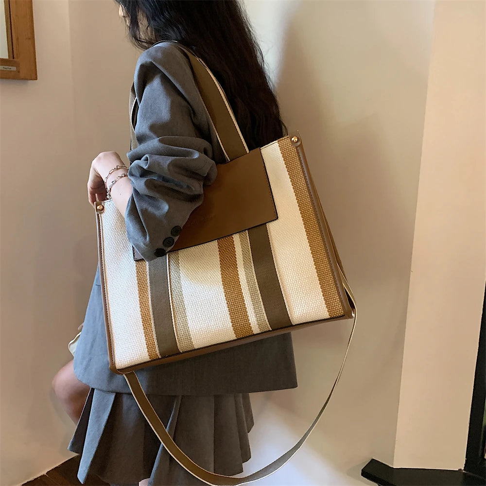 MOODS Quality Canvas Tote Bag for Women 2023 – Luxury Designer Handbag, Contrast Color Striped, Big Shoulder Crossbody Shopper Totes