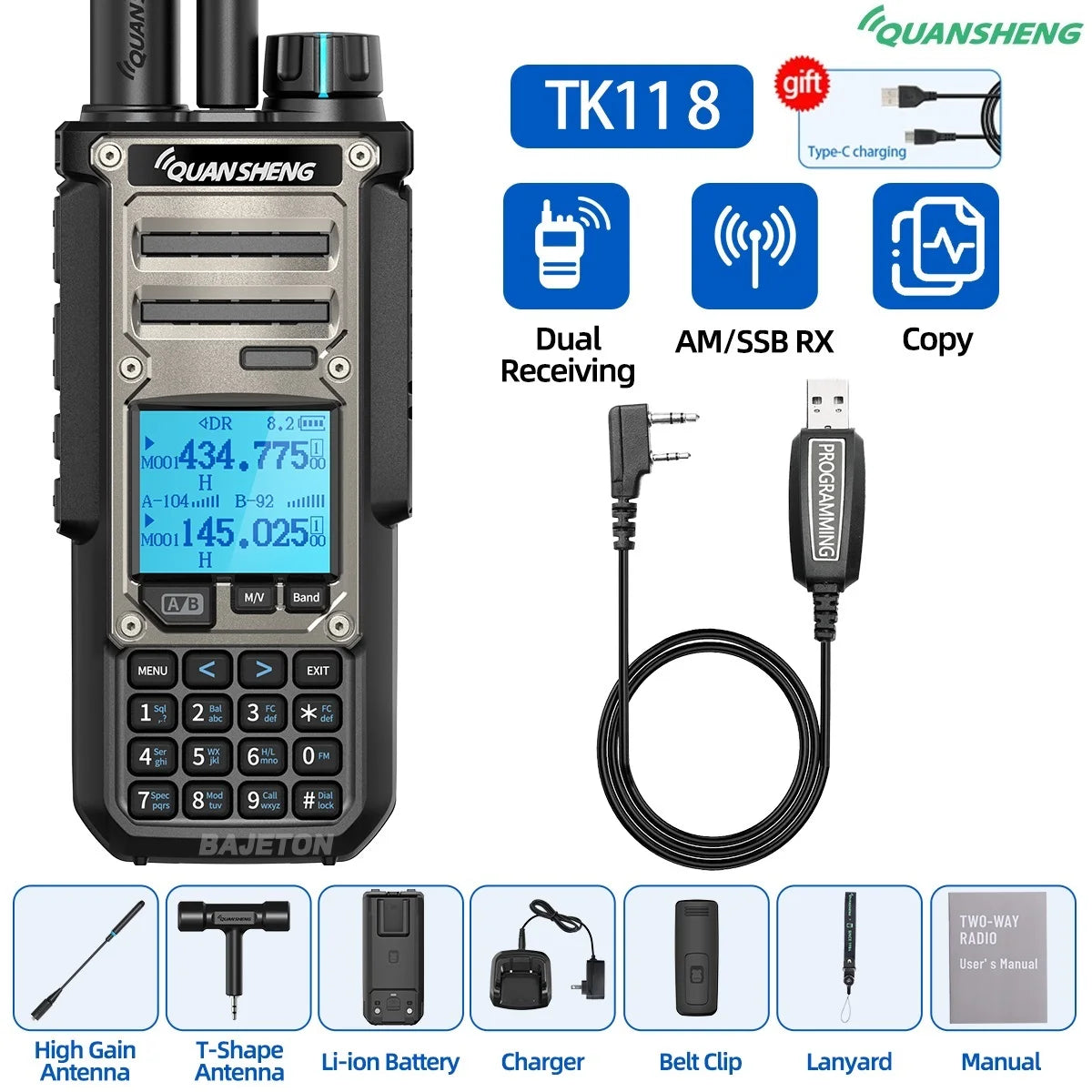 Quansheng TK11-8 10W Walkie Talkie - Dual-Receive CB Radio with 27MHz, CW/LSB, LW/MW/SW, NOAA, and USB-C Charging for UV-K5-8 and TK-11-5