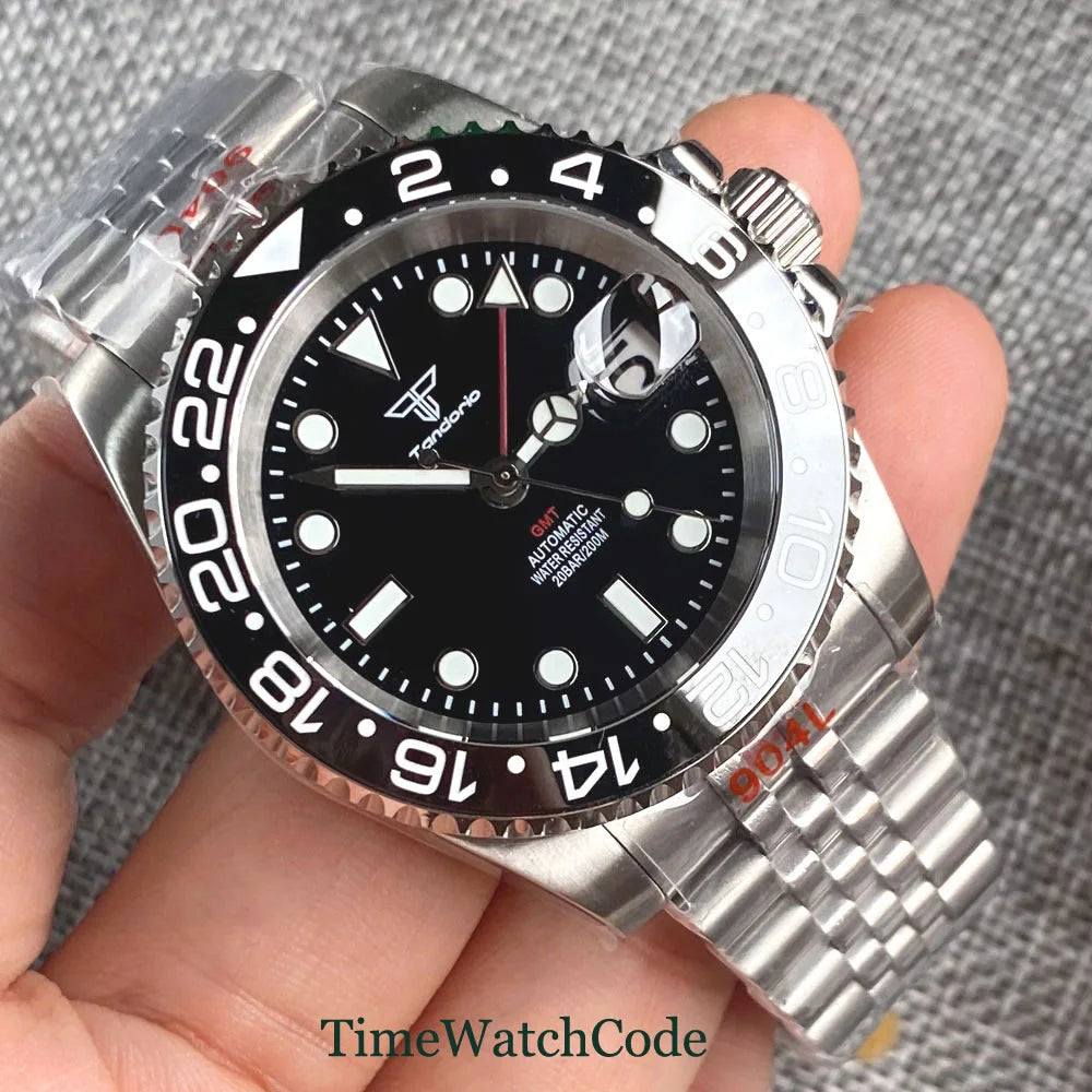 Tandorio 40mm Men’s Automatic Watch – NH34A Movement, GMT Function, Luminous Black Dial, Sapphire Crystal, Auto Date & Rotating Bezel