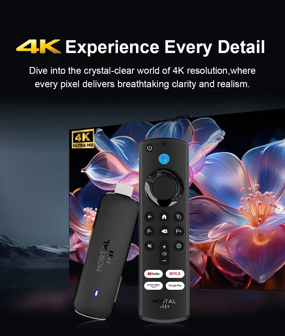 Mortal Q8 Android TV Stick Global Version – Android 14, 8K/4K Streaming, WiFi 6, Voice Remote, Netflix & YouTube Compatible