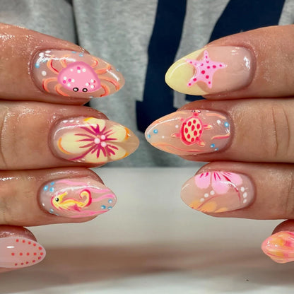 24pcs Short Oval 3D Gel Nail Stickers - Pearl Flower French Acrylic Press-On Nails for Easy Nail Art