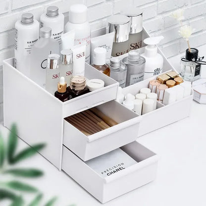 White New Drawer Makeup Storage Box – Plastic Dormitory & Desktop Organizer for Cosmetics & Skin Care – Dressing Table Storage Solution