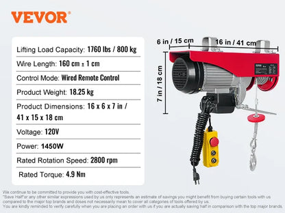 VEVOR 200–800kg Electric Hoist – Cable Winch Lifting Crane with Wired/Wireless Remote for Boat, Car, Garage & Elevator