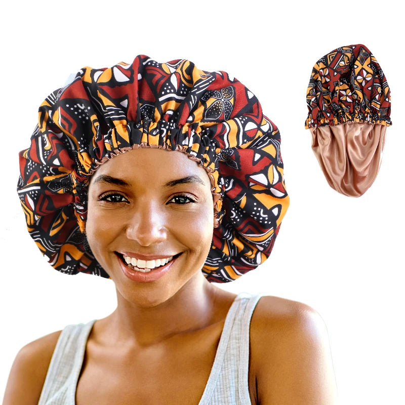 Women’s Double-Layer Satin Bonnet - African Ankara Floral Print Adjustable Reusable Sleep Cap for Hair Care