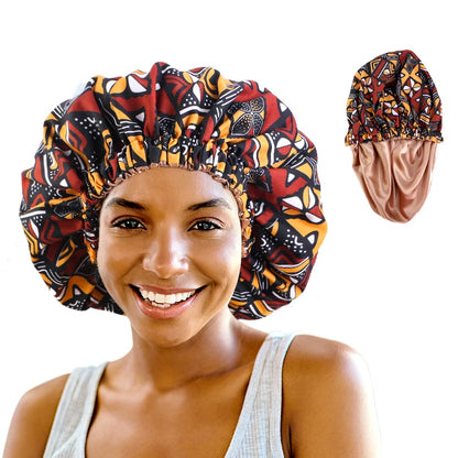 Women’s Double-Layer Satin Bonnet - African Ankara Floral Print Adjustable Reusable Sleep Cap for Hair Care