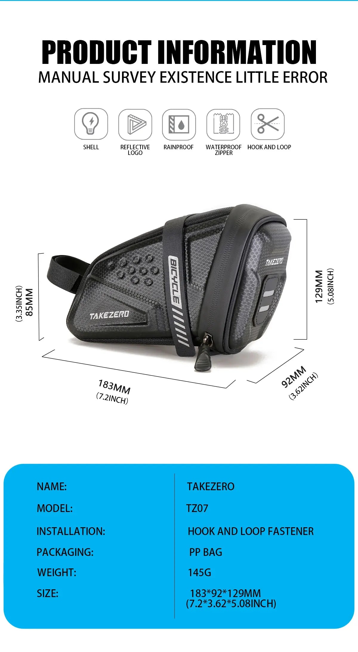 TAKEZERO TZ07 Bicycle Tail Saddle Bag – EVA Hard Shell Rear Bag for Mountain & Road Bikes