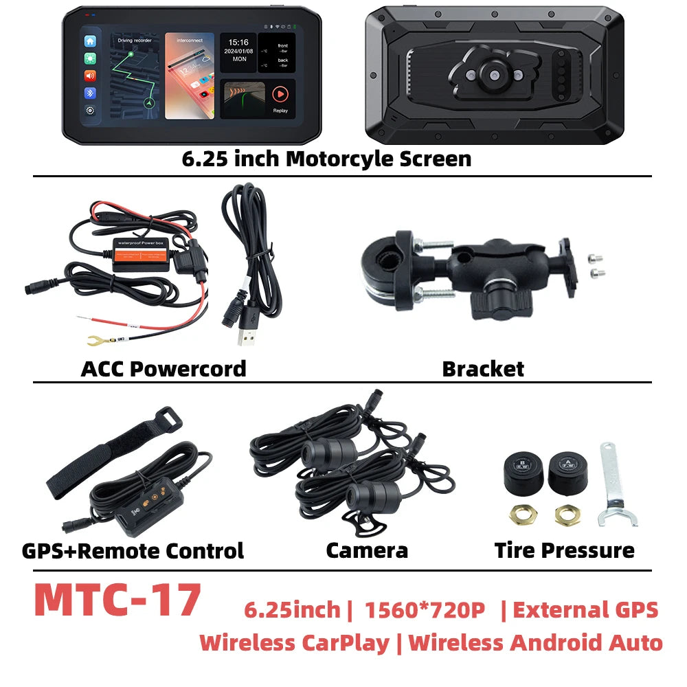 EKIY 6.25" Wireless CarPlay Motorcycle Display – Android Auto GPS Navigation Screen with TPMS Monitoring Portable Dashboard Unit