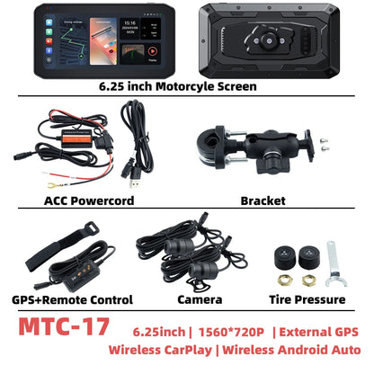 EKIY 6.25" Wireless CarPlay Motorcycle Display – Android Auto GPS Navigation Screen with TPMS Monitoring Portable Dashboard Unit