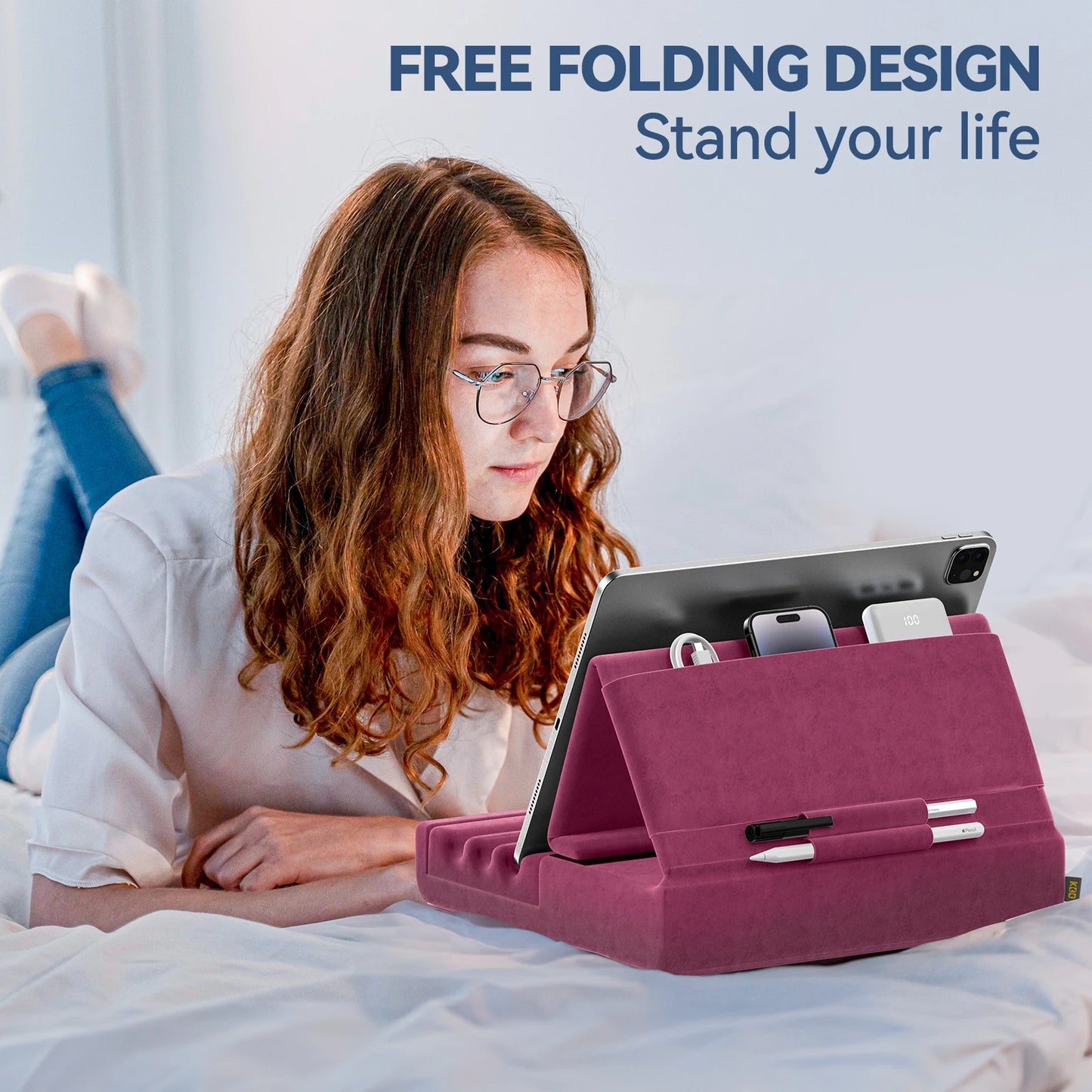 KDD Foldable Tablet Pillow Stand – Soft Lap & Desk Holder with Stylus Pocket for iPad Pro