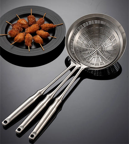 3 Sizes Round 304 Stainless Steel Strainer Set – Long Handle Kitchen Sieves for Hot Pot, Oil Filter & Cooking Tools